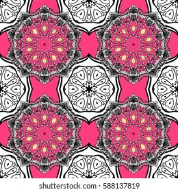 Christmas white snowflake seamless pattern. Symbol holiday, New Year celebration vector white pattern with white elements. Snowflakes on pink background. Winter snow texture wallpaper.