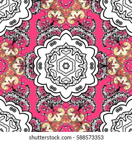 Christmas white snowflake seamless pattern. Winter snow texture wallpaper. Symbol holiday, New Year celebration vector with white elements. White snowflakes on pink background.