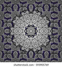Christmas white snowflake seamless pattern. Golden snowflakes on violet background. Winter snow texture wallpaper. Symbol holiday, New Year celebration vector white pattern.