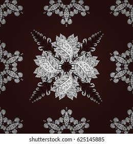 Christmas white snowflake seamless pattern. White snowflakes on brown background. Winter snow texture wallpaper. Symbol holiday, New Year celebration vector white pattern.