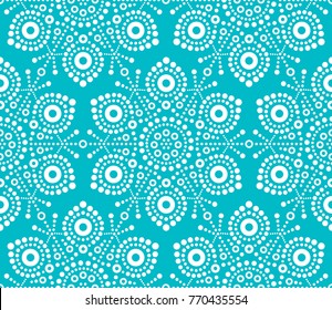 Christmas white snowflake seamless pattern, dot art vector design, Australian folk art, Aboriginal style.
	
Xmas white snowflakes wallpaper on turquoise background