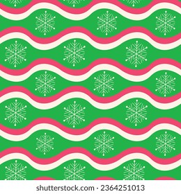 Christmas white snowflakes on retro 70s groovy red and green waves seamless pattern. For wrapping paper, wallpaper , textile and home décor 