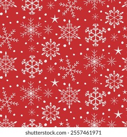 Christmas white snowflakes seamless pattern  on red background . for Christmas greeting cards, gift wrapping paper, home décor, textile and wallpaper.