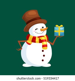 christmas white snowman in hat and scarf with winter xmas present for celebration new year vector illustration