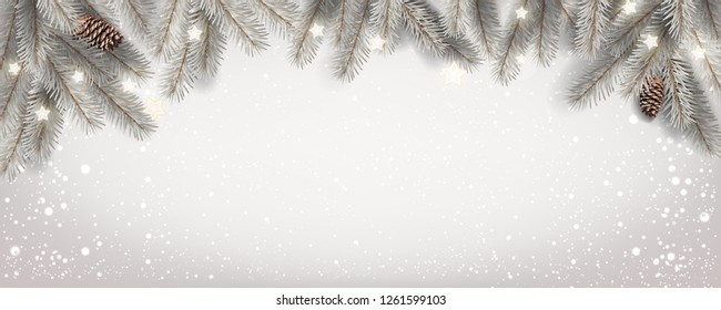 Christmas white snowy background with fir branches, stars, pine cones. Xmas and New Year theme. Vector Illustration