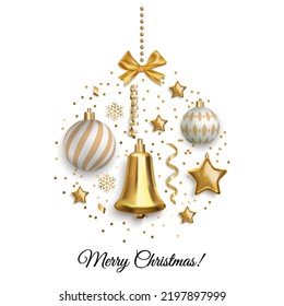 Christmas white square banner with gold bell, gold star, white christmas balls. Merry Christmas flat lay vector illustration