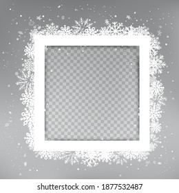 Christmas White Square Photo Frame Mockup With Shadow And Snowfall On Dark Background. Winter Holiday Celebration Snapshot Shape Template And Snowflakes Around