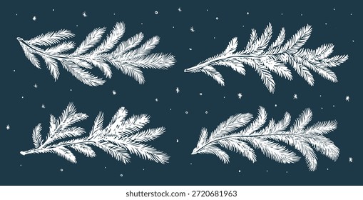 Christmas white tree branch set on blue, hand drawn	