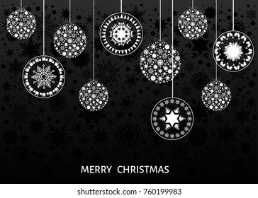 Christmas white  tree decoration  on black  background. Happy New Year.  Xmas balls. Vector template  for greeting  card or party invitation. 