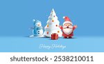 Christmas white tree with decorations, Merry Santa, Snowman and gift. Banner for the concepts of winter holiday celebrations, greetings. Vector illustration.