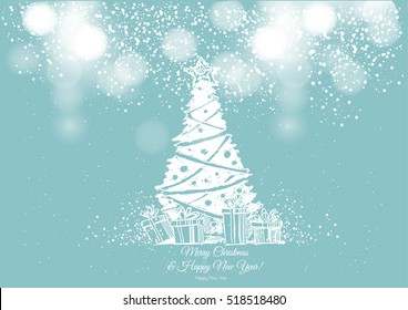 Christmas white tree and gifts, in light blue background, hand drawn vintage.  card, Merry Christmas, Vector