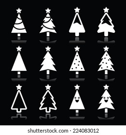 Christmas white tree vector icons set on black 