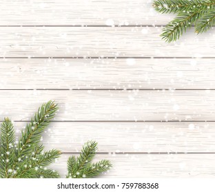 Christmas white wooden background with holiday fir tree, branches and falling shiny snow. Top view with copy space for your text. Vector illustration.