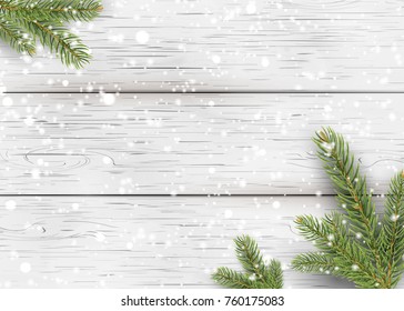 Christmas white wooden background with holiday fir tree branches, pine cone and falling shiny snow. Flat lay, Top view with copy space for your text. Vector illustration.