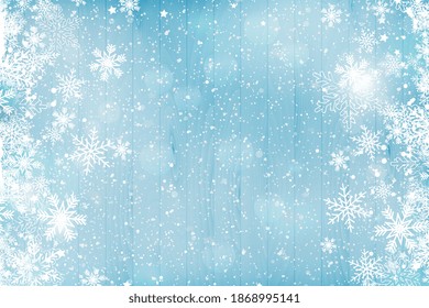 Christmas white wooden background with snowflakes. New Year and Christmas background. Snowflakes on a turquoise wooden background. Xmas holiday frame.Minimalist.Copy space.Flat lay.Vector illustration