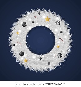 Christmas white wreath with black balls and stars with candy and Snow with light.