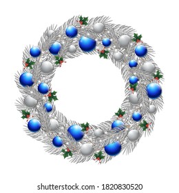 Christmas white wreath with blue and silver baubles, white garland, green leaves and snowflakes 