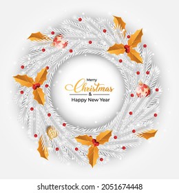 Christmas white wreath design with luxurious red and golden color decorative balls. Snow color wreath design with the 3D balls and golden leaves. Christmas white wreath design with decoration balls.