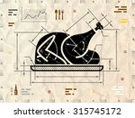 Christmas whole turkey as technical blueprint drawing. Drafting of roast chicken on crumpled paper. Vector image