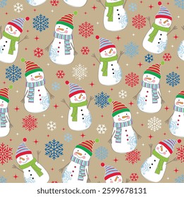Christmas Whymsical Snowman Seamless Pattern with Snowflakes and Natural Background. Good for gift wraooing paper- Christmas Snowman Vector Illustration