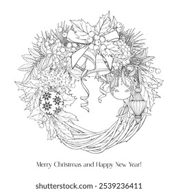 Christmas wicker wreath with bells and bow, toys, holly, mistletoe,pine cone. Black white. Hand drawn elements.Line art Vector vintage illustration for design greeting card, new year holiday decor
