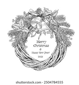 Christmas wicker wreath with bells fir twigs mistletoe holly bow. Black white Vector vintage botanical illustration. Hand drawn illustration for design greeting card holiday composition new year decor