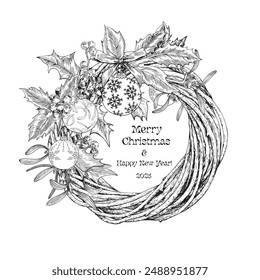 Christmas wicker wreath with holly branches, mistletoe, balls, bow. Black and white Vector vintage botanical illustration. Hand drawn. Background for design greeting card, holiday decor