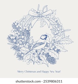 Christmas wicker wreath with tit bird, spruce branches holly mistletoe bow berries. Blue beige. Hand drawn elements. Linear Vector vintage illustration for design holidays greeting card new year decor