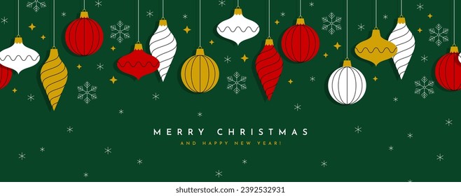 Christmas wide banner or greeting card with decorative ornaments and snowflakes on dark green background.