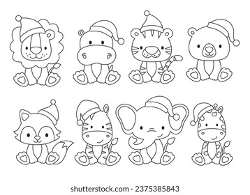 Christmas wild baby animals wearing Santa hat outline drawing vector illustration. Cute holiday animals line art vector with live stroke.