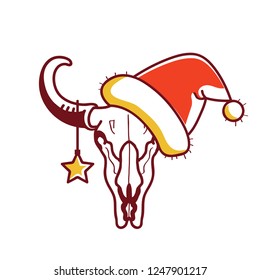 Christmas Wild West illustration with bull skull and Santa hat on white background