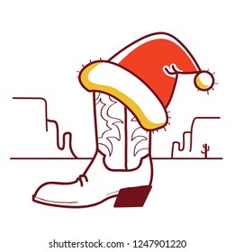 Christmas Wild West illustration with cowboy boot and Santa hat on American desert on white background