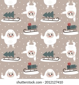 Christmas wild winter vector cute seamless pattern with Yeti characters, Bigfoot, stones, sleigh, christmas tree, gifts in trendy Scandinavian Boho style