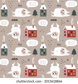 Christmas wild winter vector cute seamless pattern with Yeti characters, Bigfoot, stones, houses, snow, Christmas tree in Scandinavian Boho style