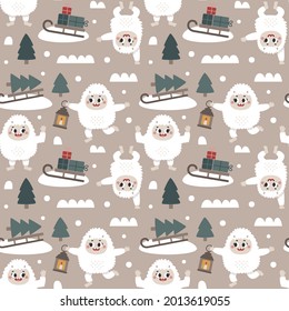 Christmas wild winter vector cute seamless pattern with Yeti characters, Bigfoot, stones, sleigh, Christmas tree, gifts in Scandinavian Boho style