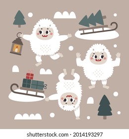 Christmas wild winter vector cute set with Yeti characters, Bigfoot, stones, sledge, gifts, snow, Christmas tree, a warming candle, lantern in Scandinavian Boho style