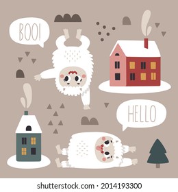 Christmas wild winter vector cute set with Yeti characters, Bigfoot, stones, houses, snow, Christmas tree in Scandinavian Boho style