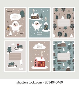 Vector navideño de invierno salvaje tarjetas bonitas con personajes de Yeti, Pie Grande, piedras, nieve, árbol de Navidad, una vela cálida, linterna al estilo escandinavo de Boho