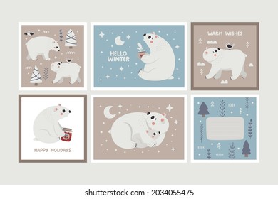 Christmas wild winter vector cute cards with Polar Bears, baby bear, Christmas trees, decorative elements, new year illustration, Hello Winter, Happy Holidays