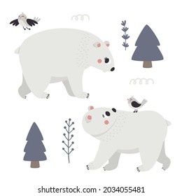 Weihnachtswilde Winter-Vektorcute Clip-Art mit Charaktere von Polar Bären, Weihnachtsbäume, dekorative Elemente, Vögel, neue Jahresgrafik