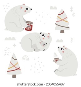Vector de invierno salvaje de Navidad lindo clipart con personajes de osos polares, oso bebé, árboles de Navidad, elementos decorativos, pájaros, ilustración de año nuevo