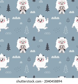 Christmas wild winter vector cute seamless pattern with Yeti characters, Bigfoot, owl, stones, christmas tree, plants in scandinavian Boho style