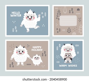 Vector navideño de invierno salvaje tarjetas bonitas con personajes de Yeti, Bigfoot, Baby Yeti, búho, montañas, árbol de Navidad al estilo escandinavo de Boho