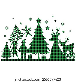Christmas wildlife design at Buffalo plaid pattern festive background  design deer and trees vector