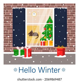 Christmas window in a brick wall. Living room with Christmas tree, gift boxes, armchair and sleeping cat. Hello winter. Celebrating the New Year. Vector illustration in flat style
