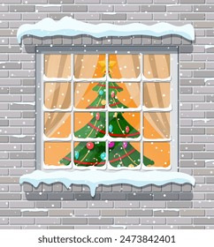 Christmas window in brick wall. Living room with christmas. Happy new year decoration. Merry christmas holiday. New year and xmas celebration. Vector illustration flat style