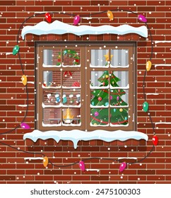 Christmas window in brick wall. Living room with christmas tree and fireplace. Happy new year decoration. Merry christmas holiday. New year and xmas celebration. Vector illustration flat style