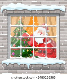 Christmas window in brick wall. Living room with fir tree and santa claus with gift bag. Happy new year decoration. Merry christmas holiday. New year and xmas celebration. Flat vector illustration