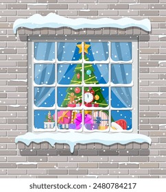 Christmas window in brick wall. Living room with fir tree and gifts. Happy new year decoration. Merry christmas holiday. New year and xmas celebration. Vector illustration flat style