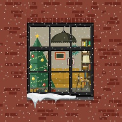 Christmas Window In Brick Wall. View Of The Living Room With Christmas Tree Through The Window. Vector Flat Illustration.